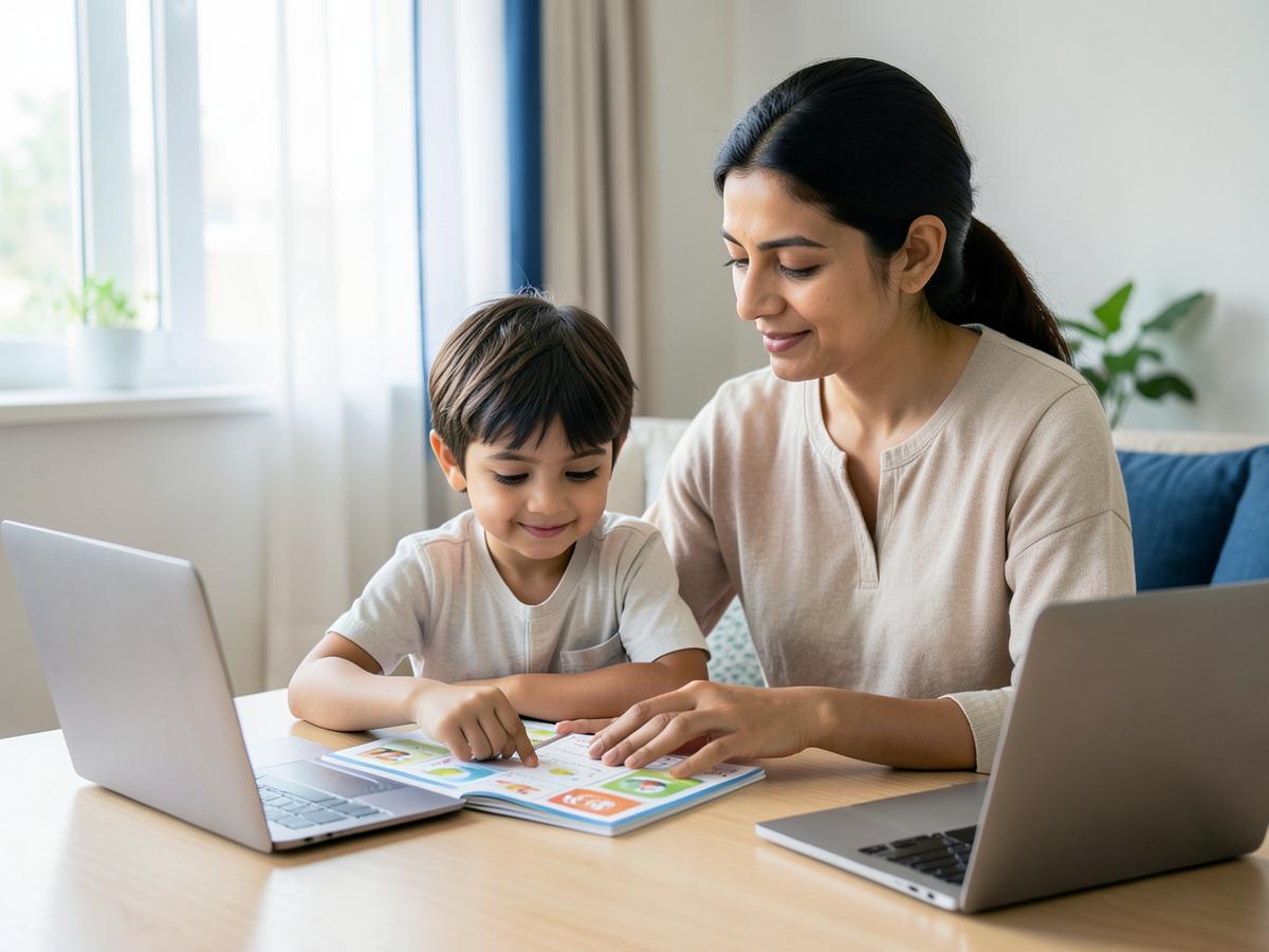 Parent helping a child with AI learning activities at home