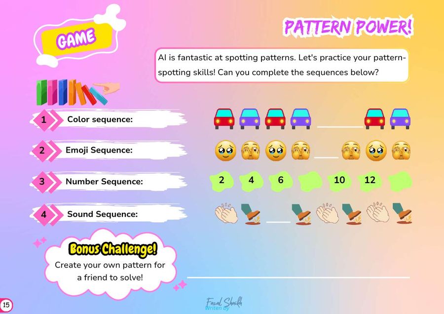 Pattern Power page from the AI Magic for Kids printable workbook